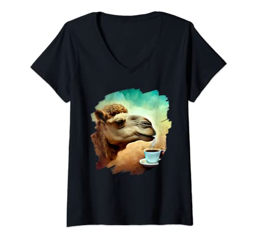 Mujer Llama Beber Café Té Divertido Llama Alpaca Camiseta Cuello V