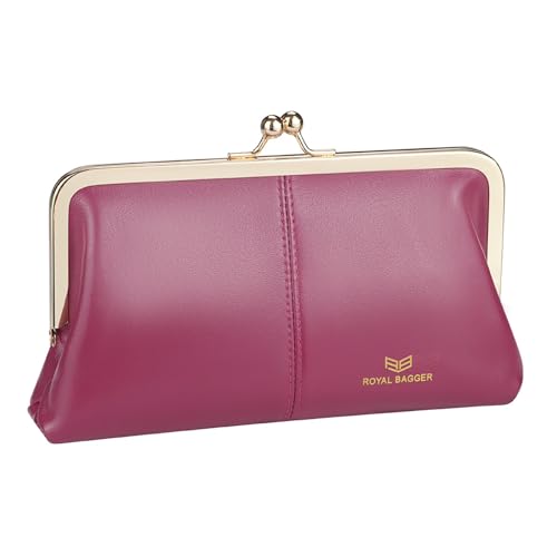 Image of Royal Bagger RFID Kiss Lock Wallet, Solid Color Multi-card Slots Card Holder, Genuine Cow Leather Clutch Purses for Women 1468 (Rose (2468))
