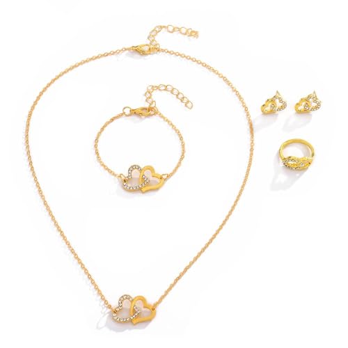 FDEETY Schmuckset Damen Doppelt Herz Kristall Anhänger Halskette Ohrstecker Armband Ringe Schmuck Set Brautschmuck Geschenke für Mädchen Hochzeit Engagement Party (Gold)