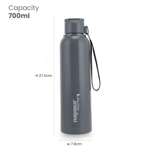 Image of Nayasa Pristine 700ml Water Bottle | BPA-Free Plastic with Insulated Stainless Steel Inner | Leak-Proof Twist Cap | for Office, School, Gym, Travel, and Outdoor Use | Grey