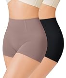 Nebility 2 Piece Slip Shorts for Under Dresses Smooth Shapewear Shorts Seamless Shaping Boyshorts Panties(Black/Purple Brown 2pk,Medium)