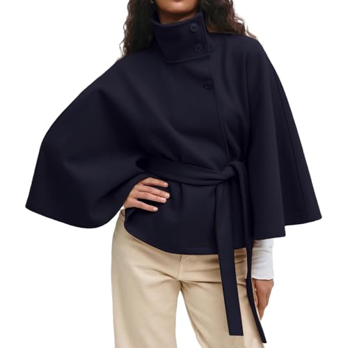 Image of Cocila Women's Batwing Sleeve Poncho Coats Wool Stand Collar Capes Jacket