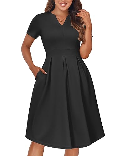 Image of YATHON Womens Elegant Print Notched Neck Slant Pocket Pleated Hem Casual A-Line Dress