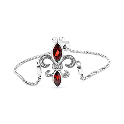 Haus of Brilliance .925 Sterling Silver Marquise Garnet and Diamond Accent Lariat 4”-10” Fleur De Lis Adjustable Bolo Bracelet (H-I Color, SI1-SI2 Clarity)
