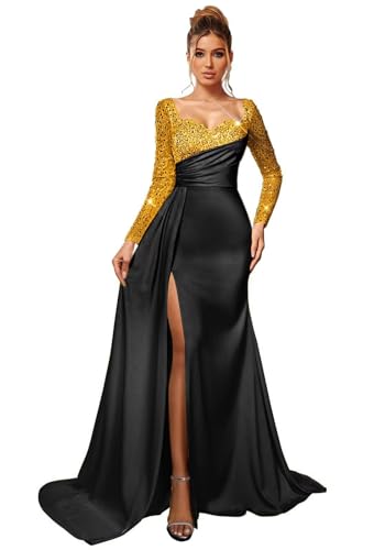 Mermaid Prom Dress 2026 Sparkly Sequin Formal Dresses for Women Long Sleeve Evening Gown with Slit Black Gold Size 10
