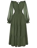 Women Renaissance Off Shoulder Split Sleeve Smocked Waist Tiered Maxi Dress Olive Green S