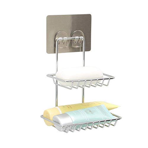 Soap Dish Holder Self Adhesive Wall Mounted Soap Sponge Holder Stainless Steel Storage Saver Rack for Home Kitchen Bathroom Shower (2 Layer Shop Holder)