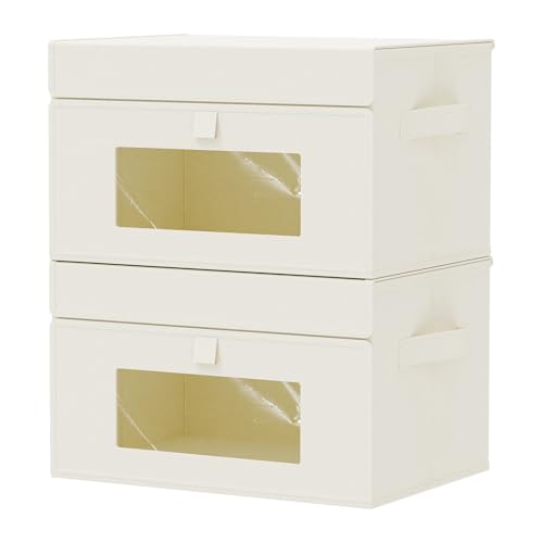 Image of GUOHNHE Storage Bins with Lids, Cube Organizer Basket with Window, Closet Boxes with Carrying 2 Handles and Sturdy PP Support Plate, 2 Pack, Beige, 33 x 23 x 20 cm, XSNY17BEM-2