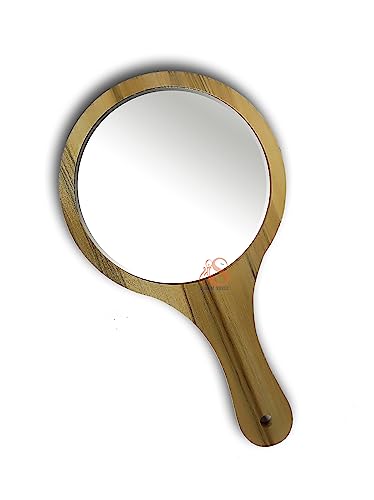 Image of Round Shape Makeup Large One Sided Wooden Hand Mirror with Wood Handle Mirror for Women n Men