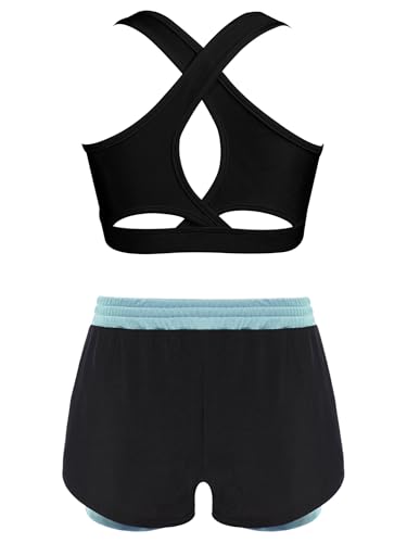 Kids Girls 2 Piece Sports Outfits Crop Tank Top Training Bras With 2 In 1 Double Layer Shorts For Workout Light Blue 12 Years2