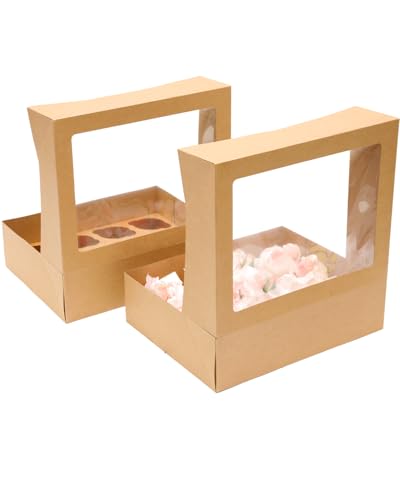 Image of Bakepacker Auto-pop Up Cupcake Boxes with Window Brown 40PCS 12 Count Cupcake Box 13 inchx10 inchx3.5 inch Cupcakes Carrier, 12 Cupcake Containers with 2 rolls of pink ribbons