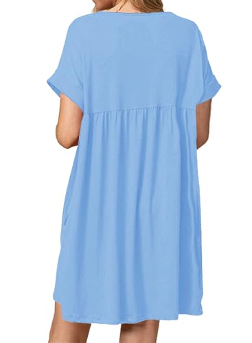 Image of Jayscreate Women's Baby Doll Dress Summer Casual Tunic Pleated Flowy Swing Short Sleeve Black V Neck Mini Dress