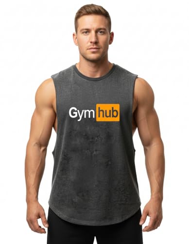 Gymhub Scoop Bottom Cotton Tank Men,Novelty Sleeveless T-Shirt,Fitness Heavy Duty Training Tank Top Black