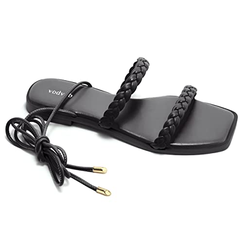 Vodvob Lace Up Flat Dress Summer Braided Sandals For Women Tie Up Ankle Wrap Strappy Open Toe Sandals Black Size 10 #TOP2