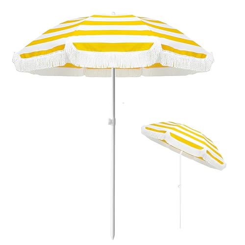 WATAOW Sombrilla De Playa De Rayas Amarillas, Parasol De Jardín Portátil, Lprotección UV, para Patio, Piscina, Exterior