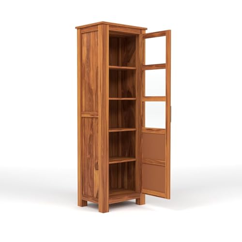 Image of Solid Sheesham Wood Bookshelf with Acrylic Glass Door | Rosewood Kitchen Cabinet with Storage Shelves for Dining Room & Office (B-Natural Finish)