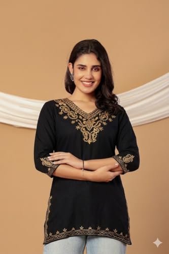 Image of Rayon Kashmiri Embroidered Short Kurti for Women | V-Neck Tunic Top with 3 /4 Sleeves | Floral Design Indo-Western Kurti for Jeans & Leggings