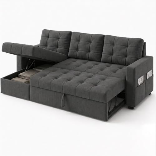Image of CASASTYLE Sumur 4 Seater LHS L Shape Sofa with Pull Out Bed & Storage Lounger | Premium Soft Velvet Suede Fabric | Comfort Cushions | Ideal for Living Room, Hotel & Office (Dark Grey)
