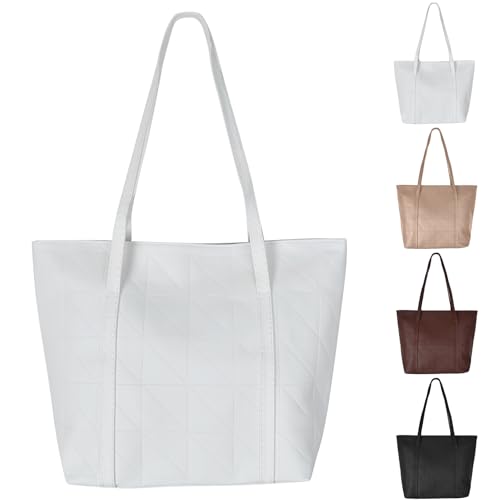 Bolso de Mano Grande Mujer con Cremallera, Tote Bag Shopper Piel-PU, Bolso de Hombro Gran-Capacidad Cuero Impermeable, Bolso de Compras con Asa-Larga para Vida-Diaria, Estudio, Trabajo (Blanco)