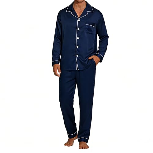 Reviews de Ropa de dormir para Hombre que Puedes Comprar On-line. 48 FLYDAYS - Pijamas Hombre de Satén Conjunto de Pijamas Hombre 2 Piezas Manga Larga con Botones y Pantalones, Ropa De Dormir, Transpirable y Cómoda (MX/US, Alfa, Grande, Azul...