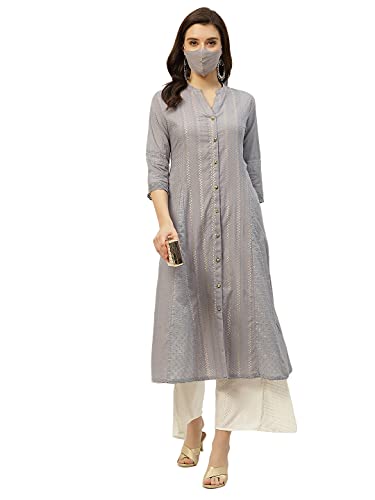 Image of Juniper Grey Solid Cotton Dobby A-Line Kurta with Buttons for Women