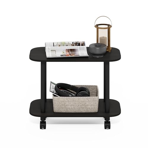 Image of Furinno Turn-N-Tube Side Table, 2-Tier Oval Sofa End Table with Wheels, Toolless Assembly Night Stand, Bedside Table with Open Shelf, for Living Room, Bedroom, Dark Espresso