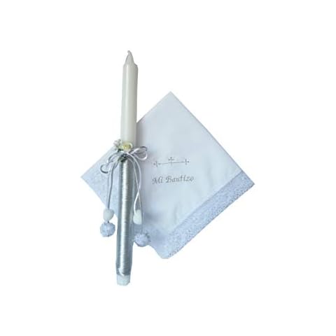 Set bautizo plateado personalizado con vela y pañuelo bordado Cover
