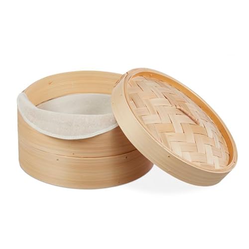Solty - Vaporera de Bambú 20 cm, 2 Niveles, Cesta Cocción Saludable al vapor, Ideal para Dim Sum, Arroz, Verduras, Comida Asiática, Ecológica y Reutilizable