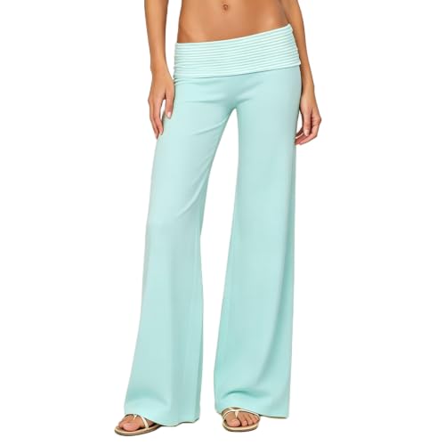 Image of Lounge Yoga Pants for Women Fold Over Low Waist Wide Leg Bell Bottoms