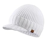 Home Prefer Men's Winter Hat Thick Knit Beanie Cap with Visor Newsboy Beanie Hat White