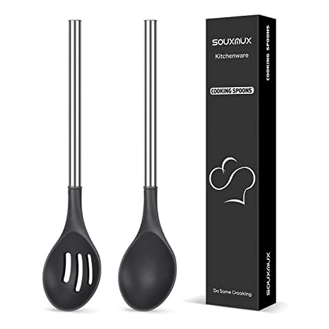 2 Pcs Silicone Cooking Spoons, Solid and Slotted Spoon Set, Non-Stick BPA Free Heat-Resistant Basting Stainless Steel Handle Kitchenware for Cooking, Soup, Serving, Draining, Stirring (Black) Cover