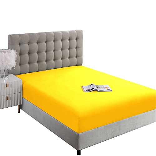 Image of Ghooss Full Size Fitted Sheet,Hotel Quality Bedding Fitted Sheet Deep Pocket up to 14 Inch,Wrinkle and Fade Resistant,1 Piece,Yellow