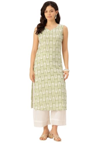 Image of feranoid Women's Pure Cotton Floral Print Straight Kurti | Elegant Curved V-Neck | Sleeveless Calf-Length Ethnic Wear | Comfortable Regular Fit | Sizes XS-XXL