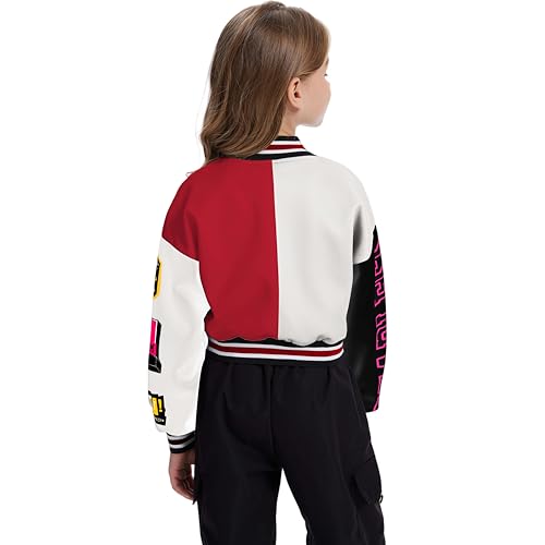 Girls Crop Varsity Jacket Print Color Block Bomber Jacket Casual Button Down Baseball Coats4