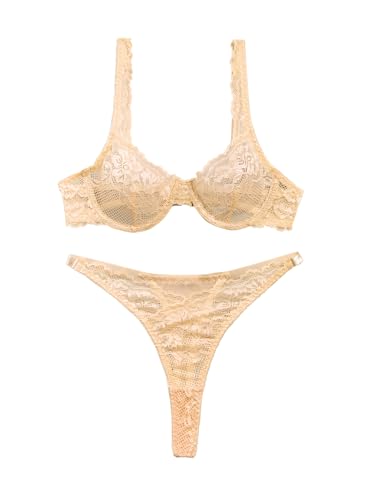 Image of Lilosy Sexy Floral Lace Scallop Underwire Push Up Sheer Lingerie Set Outfits