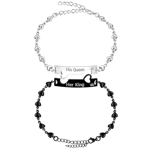 Image of 2 Couple Bracelets for men women, Love /Koi Fish /Gossip Jigsaw Puzzle Stainless Steel Heart-shaped Chain Adjustable Bracelet for Boyfriend Girlfriend Valentine's Day Gift Jewelry