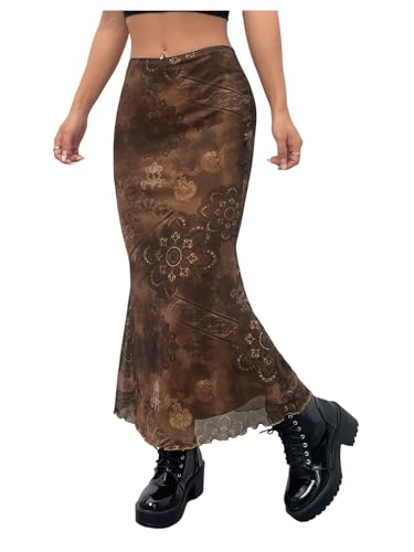 Women's Floral Midi Skirt Boho Mesh High Waisted Bodycon Summer Skirts