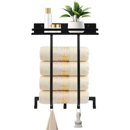 Dokeno Porta Asciugamani da Parete con Ganci e Mensola, Supporto per Asciugamani e Accessori da Bagno, Installazione a Vite, 32 x 16 x 45 cm, Nero
