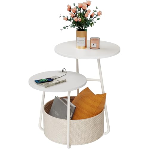 Rolanstar Table d’Appoint Ronde à 2 Plateaux Décalés, Table de Bout Empilable Moderne avec Panier de Rangement en Tissu, Table d’Accent Gain de Place pour Salon...
