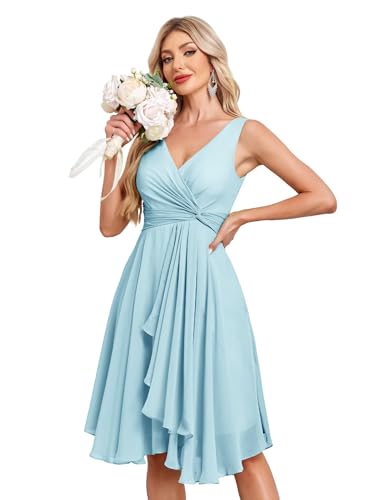 Image of Women's V Neck Short Bridesmaid Dresses 2025 Ruched Waist A Line Chiffon Formal Cocktail Party Dress