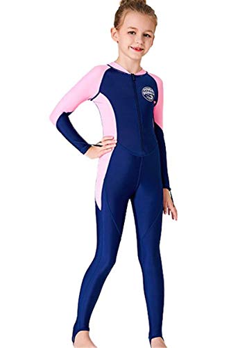 Youth Girls Boys One Piece Water Sports Sun Protection Rash Guard UPF 50+ Long Sleeves Full Suit Swimsuit Wetsuit Swimwear Navy-Pink