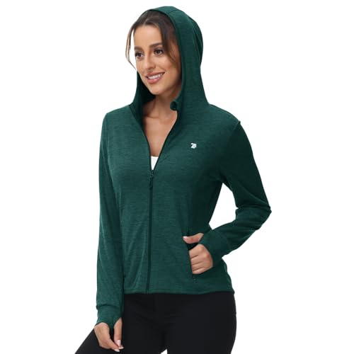 donhobo Damen Sportjacke Laufjacke Langärmlig Leicht Atmungsaktiv Full Zip Sweatjacke für Wandern Outdoor Running (Dunkelgrün, L)