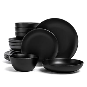 over&back Coupe Dinnerware Set – Stoneware Dishes – Comes with 4 Dinner Plates, 4 Salad Plates, 4 Cereal Bowls, and 4 Dinner Bowls – 16-Piece All-Occasion Place Settings – Semi-Matte Black
