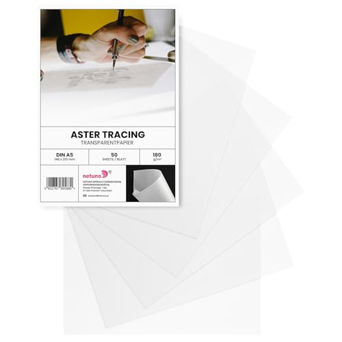 Netuno 50 hojas de papel transparente A5 148 x 210 mm 180g Aster Tracing papel pergamino translúcido imprimible calca para impresión invitaciones calco dibujo manualidades plegado caligrafía planos ⭐