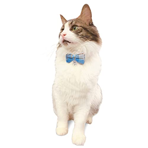 Breakaway Cat Collar With Cute Bow Tie And Bell, Buntyjoy Cat Collars For Girl Cats And Boy Cats, Safety Kitten Collars, Stylish Plaid Patterns, Light Blue, Pack Of 1 #TOP4