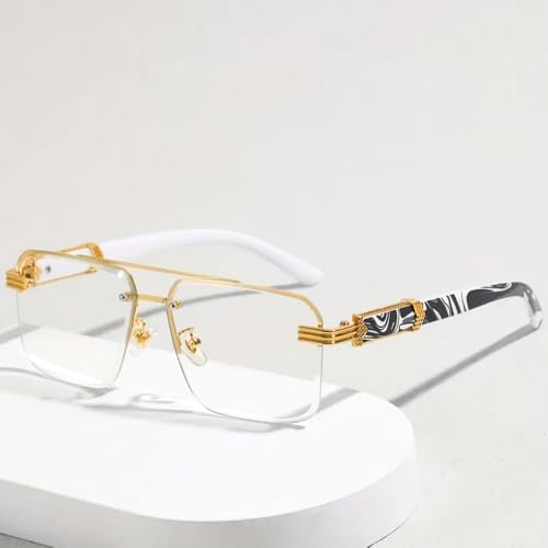Image of Men Women Designer Rimless Gold Frame Gray Marble Arm 90s Old School Rectangle Frameless Retro Trendy Cool Hip Hop Fashion Square Eye Glasses Clear Tint Glasses