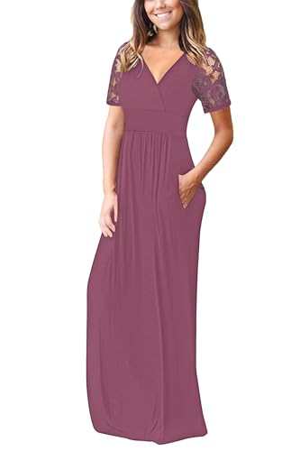 Image of AUSELILY Maxi Dresses for Women Summer Lace Short Sleeve V Neck Wrap Dress | Lace Short Sleeve, Two Pockets, V-Neck Wrap Waist Long Dress