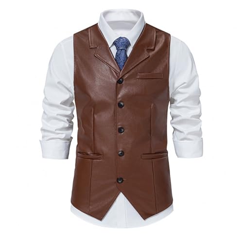 ZYXTIM Men's Classic Leather Vest Casual Western Vintage Vest Jacket Button Front V Neck Slim Fit Waistcoat Motorcycle Vests