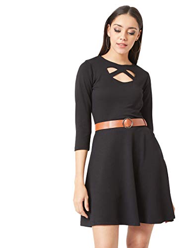 Image of Miss Olive Women's Black Solid Skater Knee-Long Belted Cut-Out Dress