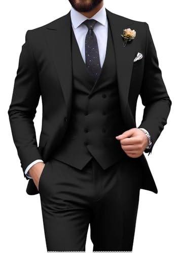 Black Suit for Mens Slim Fit 3 Piece Double Breasted Suit Men Formal Wedding Groom Tuxedo Suit Blazer Vest Pants Set X-Large